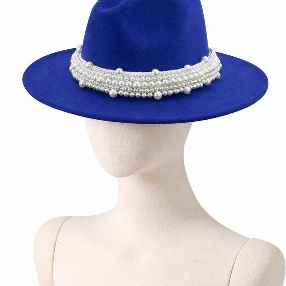 New Style Royal Blue Fashion Fedora Jazz Hat with Wide Pearl Belt